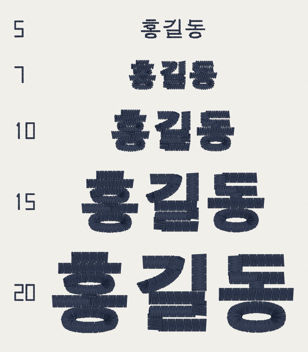 홍길동을 5·7·10·15·20mm 로 쌓은 테스트 시트 미리보기